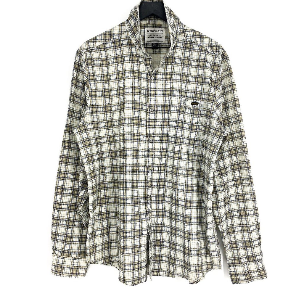 VOLCOM Workwear Fit for Comfort Plaid Cream Long Sleeve Button Up Shirt Size L